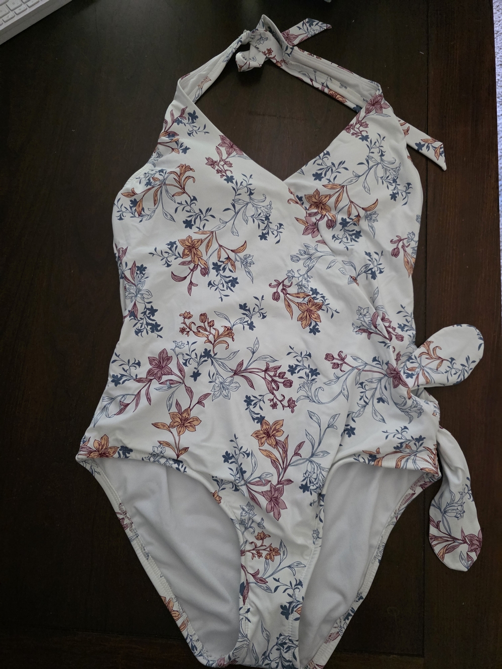 Clean Closet OFloral One-Piece Halter Swimsuit in White with Blue & Rust Flowers